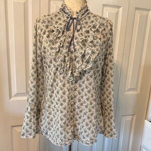 Cino VINTAGE TOILE OFF WHITE BUTTON DOWN RUFFLE SHIRT Sz L